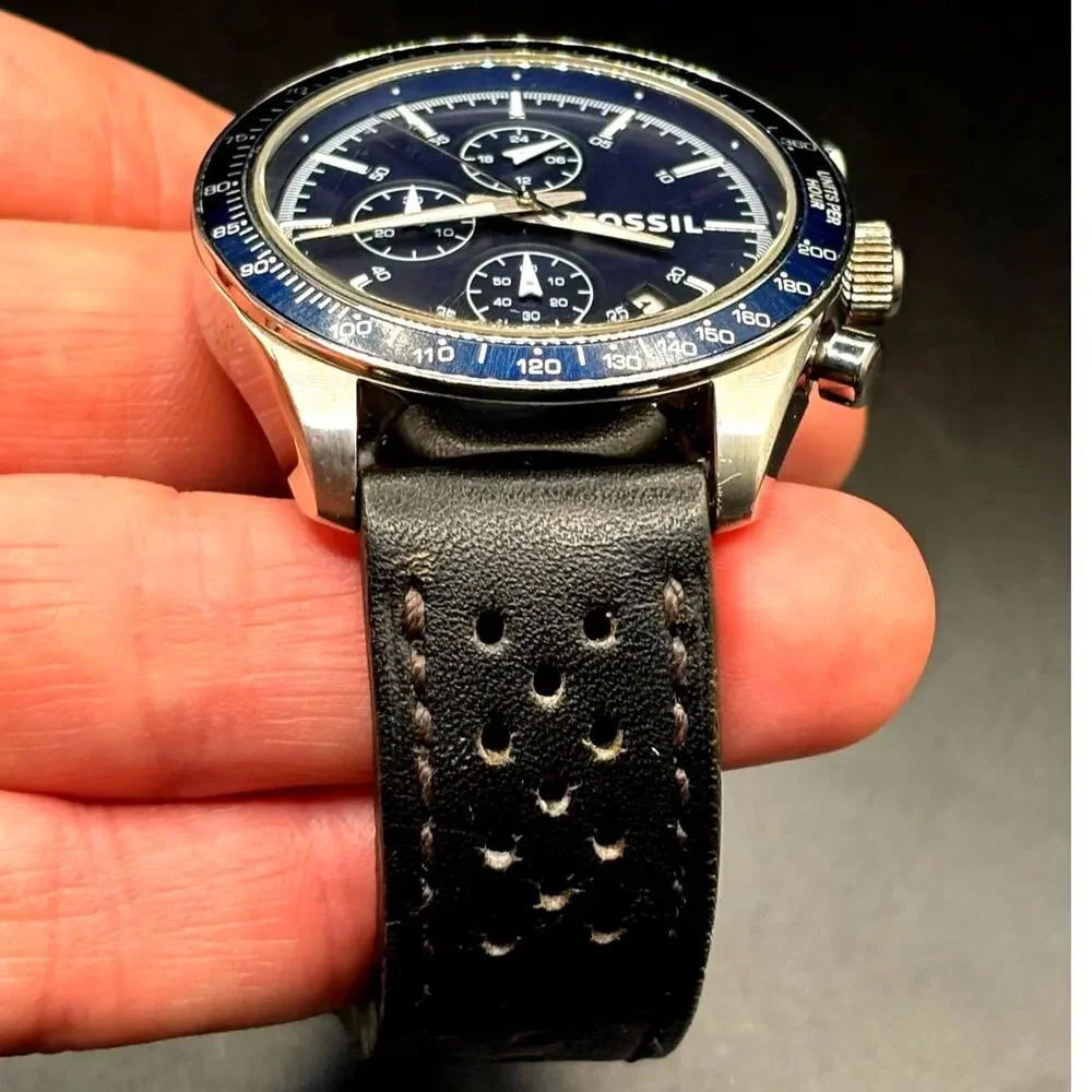 Fossil Field Scout BQ2065 Chronograph Blue Dial Black Leather Men’s 44mm Watch
